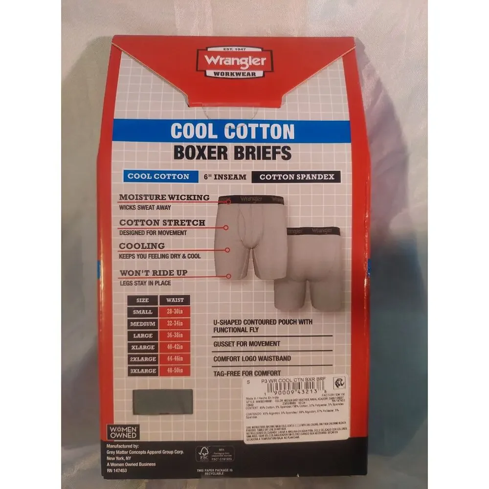 WRANGLER MENS COOL COTTON BOXER BRIEFS SIZE SMALL 3 PACK 6 INCH INSEAM STRETCH